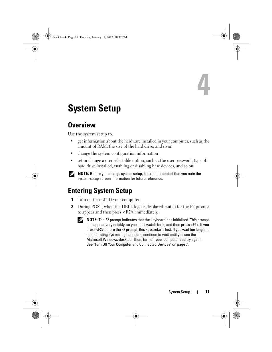 System setup, Overview, Entering system setup | Dell Alienware X51 (Early 2012) User Manual | Page 11 / 21