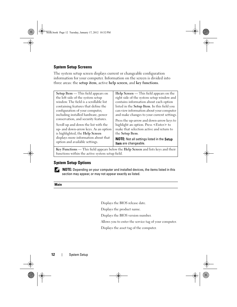System setup screens, System setup options | Dell Alienware X51 (Early 2012) User Manual | Page 12 / 21