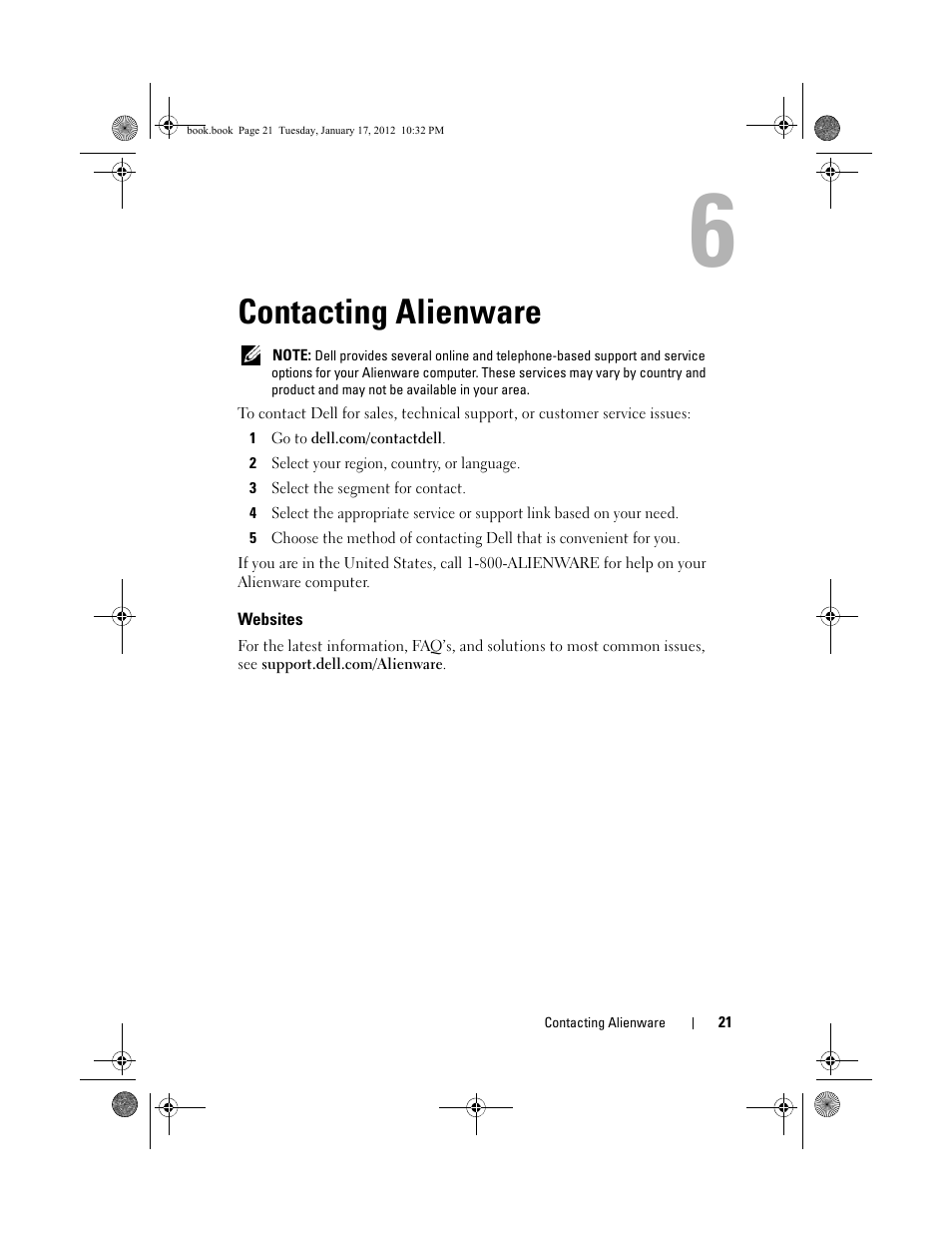 Contacting alienware, Websites | Dell Alienware X51 (Early 2012) User Manual | Page 21 / 21