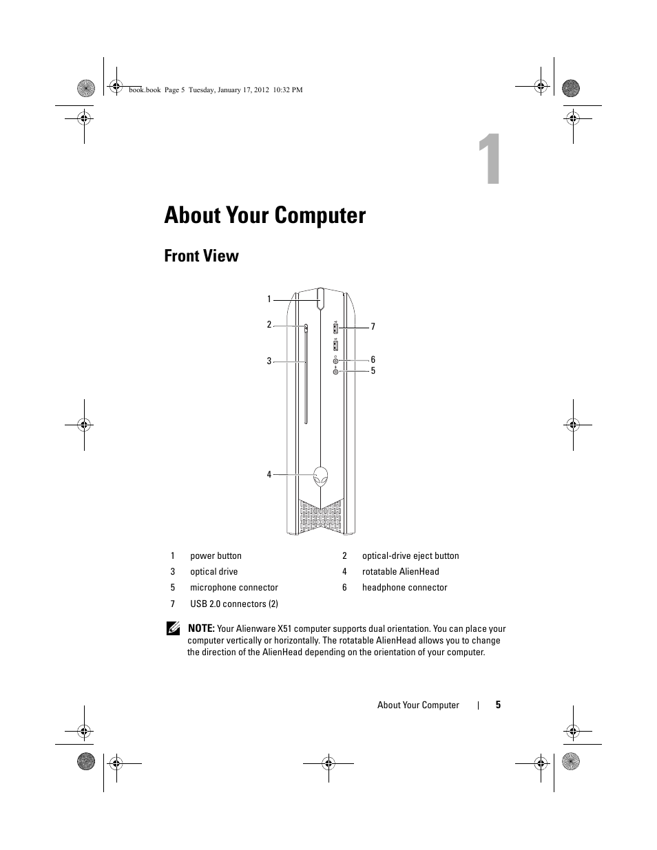 About your computer, Front view | Dell Alienware X51 (Early 2012) User Manual | Page 5 / 21