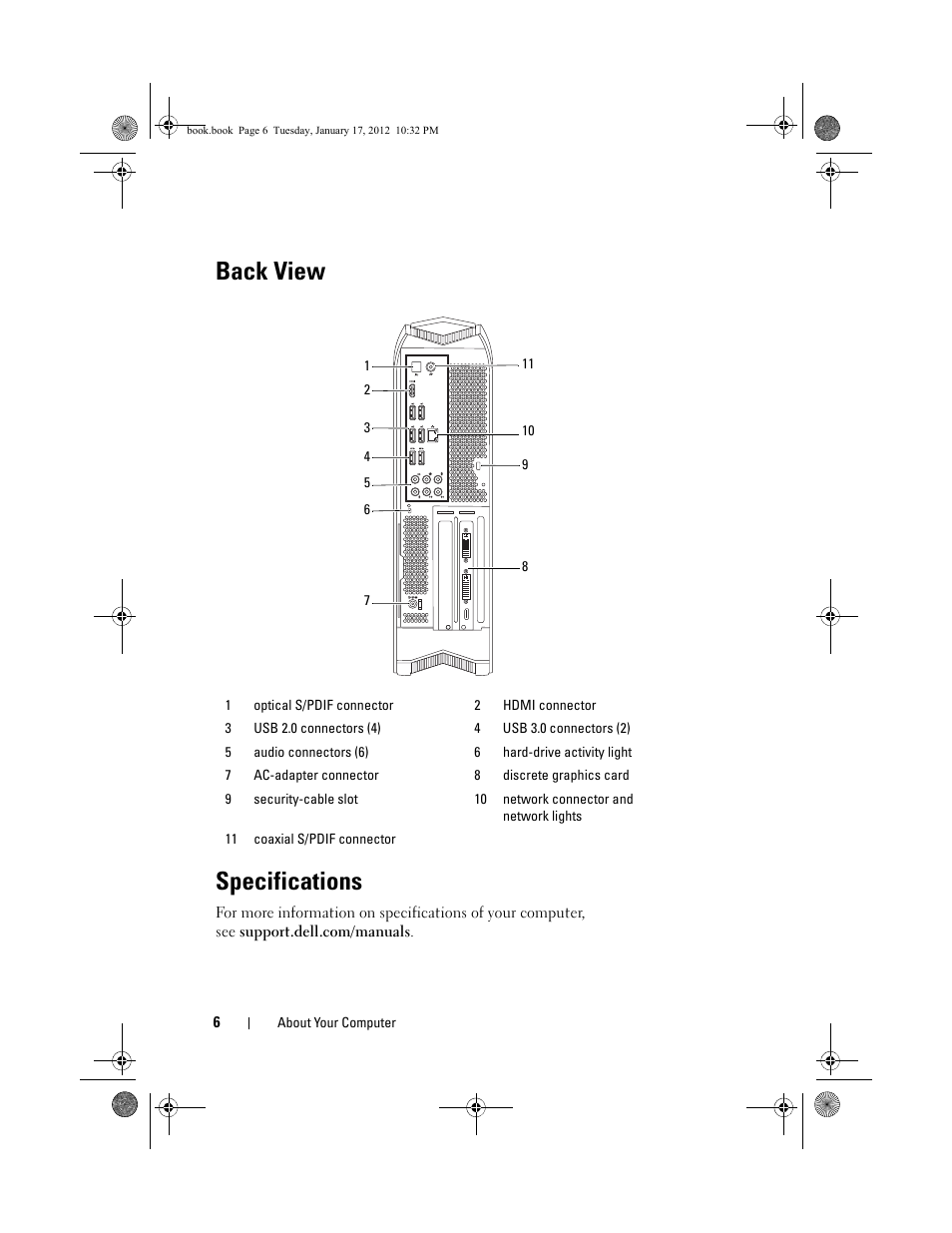 Back view, Specifications, Back view specifications | Dell Alienware X51 (Early 2012) User Manual | Page 6 / 21