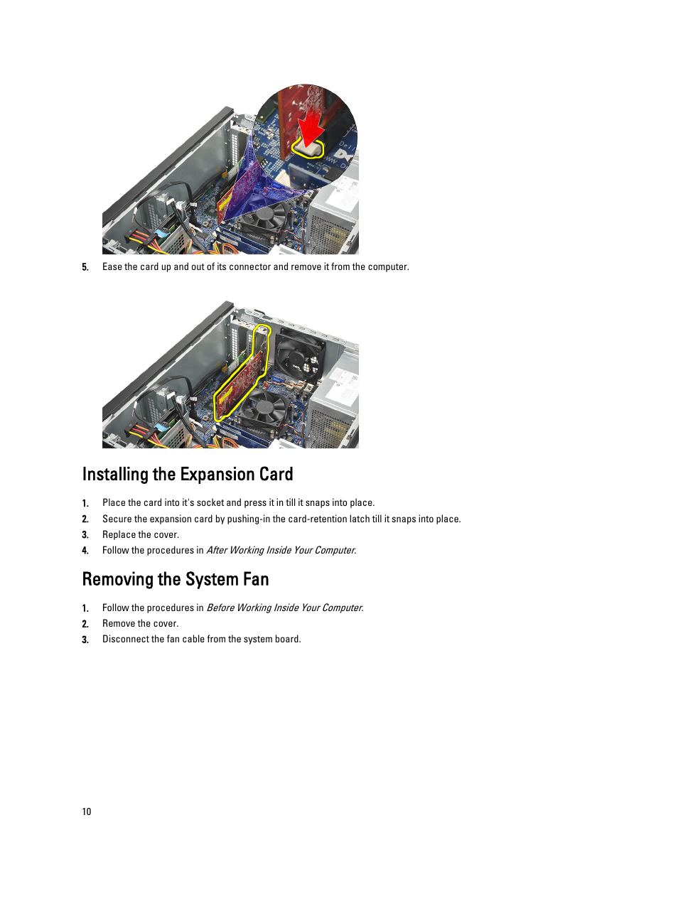 Installing the expansion card, Removing the system fan | Dell Vostro 270 (Late 2012) User Manual | Page 10 / 51