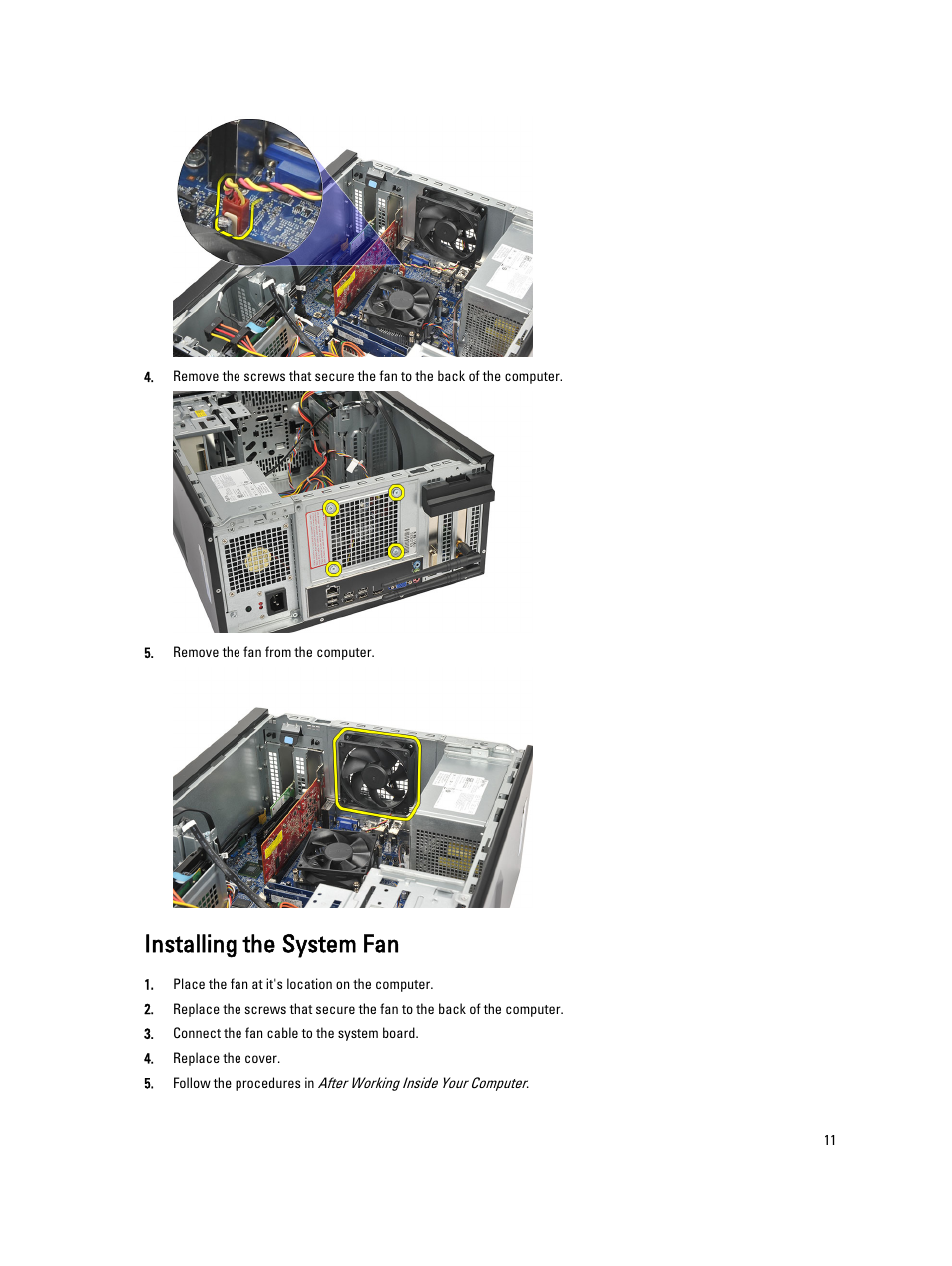 Installing the system fan | Dell Vostro 270 (Late 2012) User Manual | Page 11 / 51