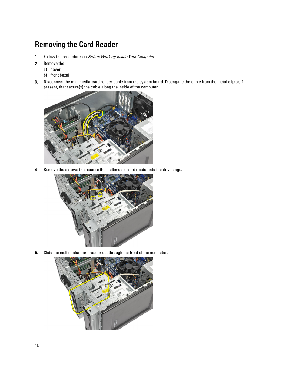 Removing the card reader | Dell Vostro 270 (Late 2012) User Manual | Page 16 / 51