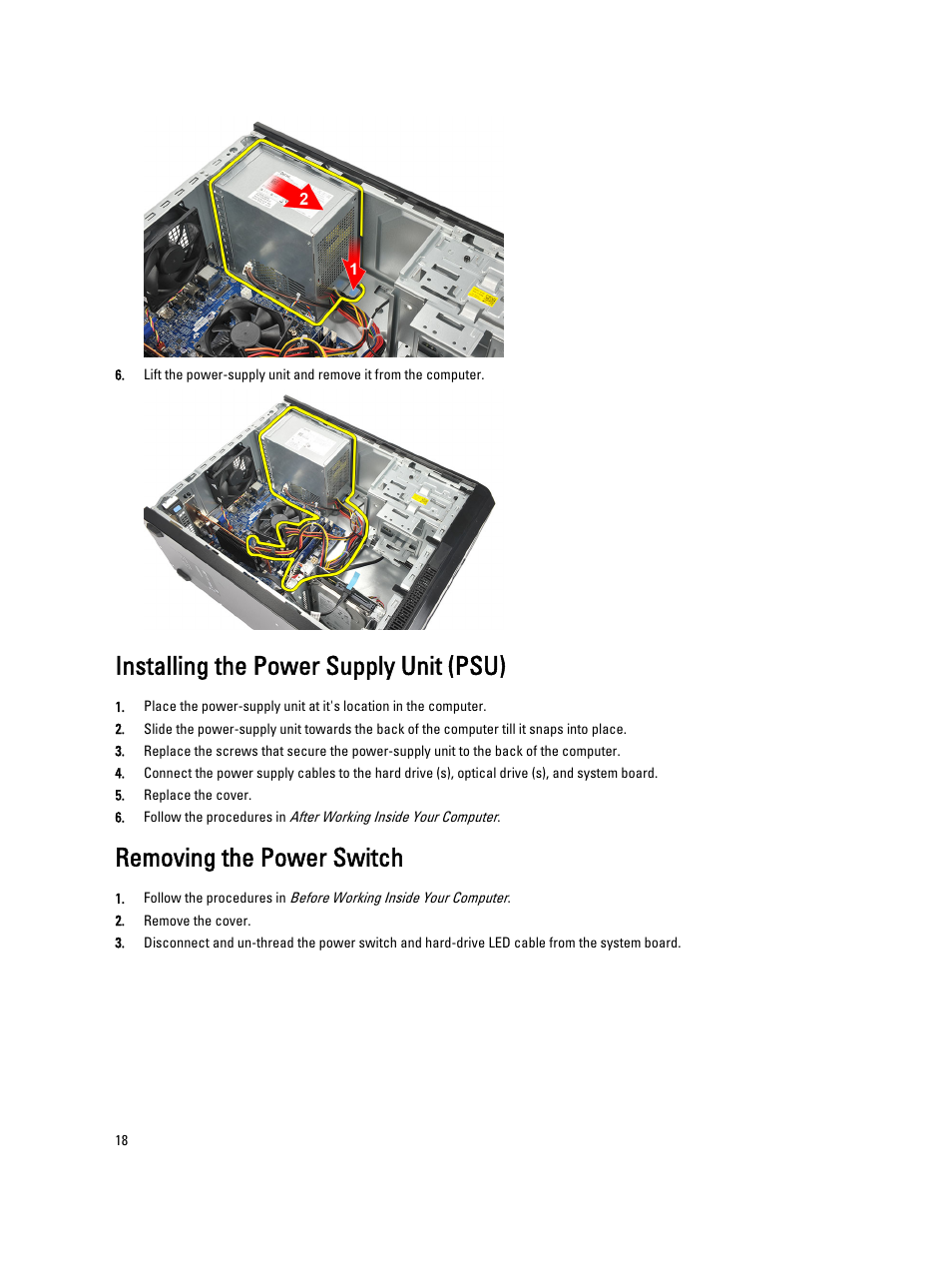 Installing the power supply unit (psu), Removing the power switch | Dell Vostro 270 (Late 2012) User Manual | Page 18 / 51
