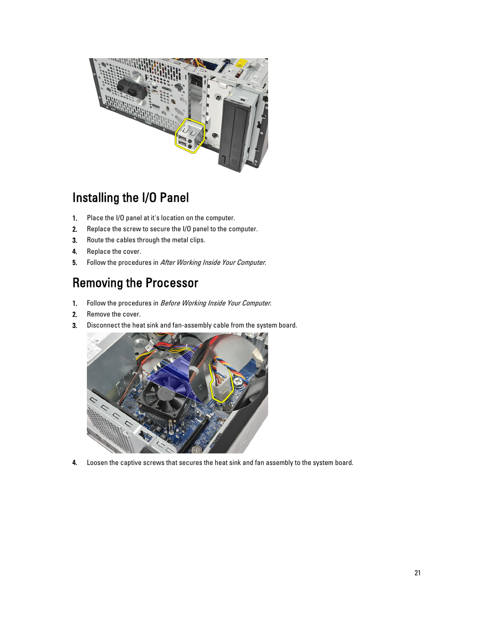 Installing the i/o panel, Removing the processor | Dell Vostro 270 (Late 2012) User Manual | Page 21 / 51