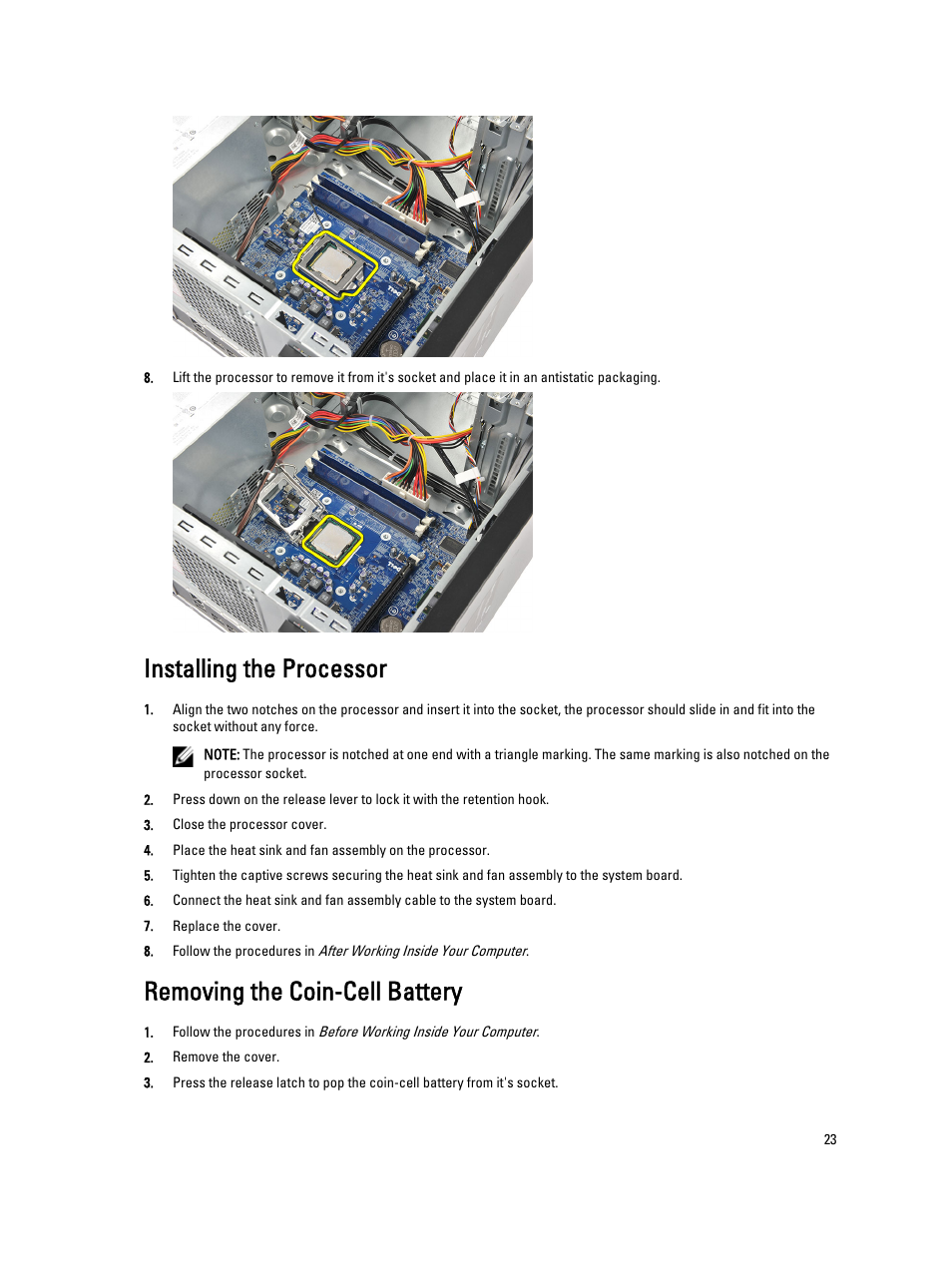 Installing the processor, Removing the coin-cell battery | Dell Vostro 270 (Late 2012) User Manual | Page 23 / 51