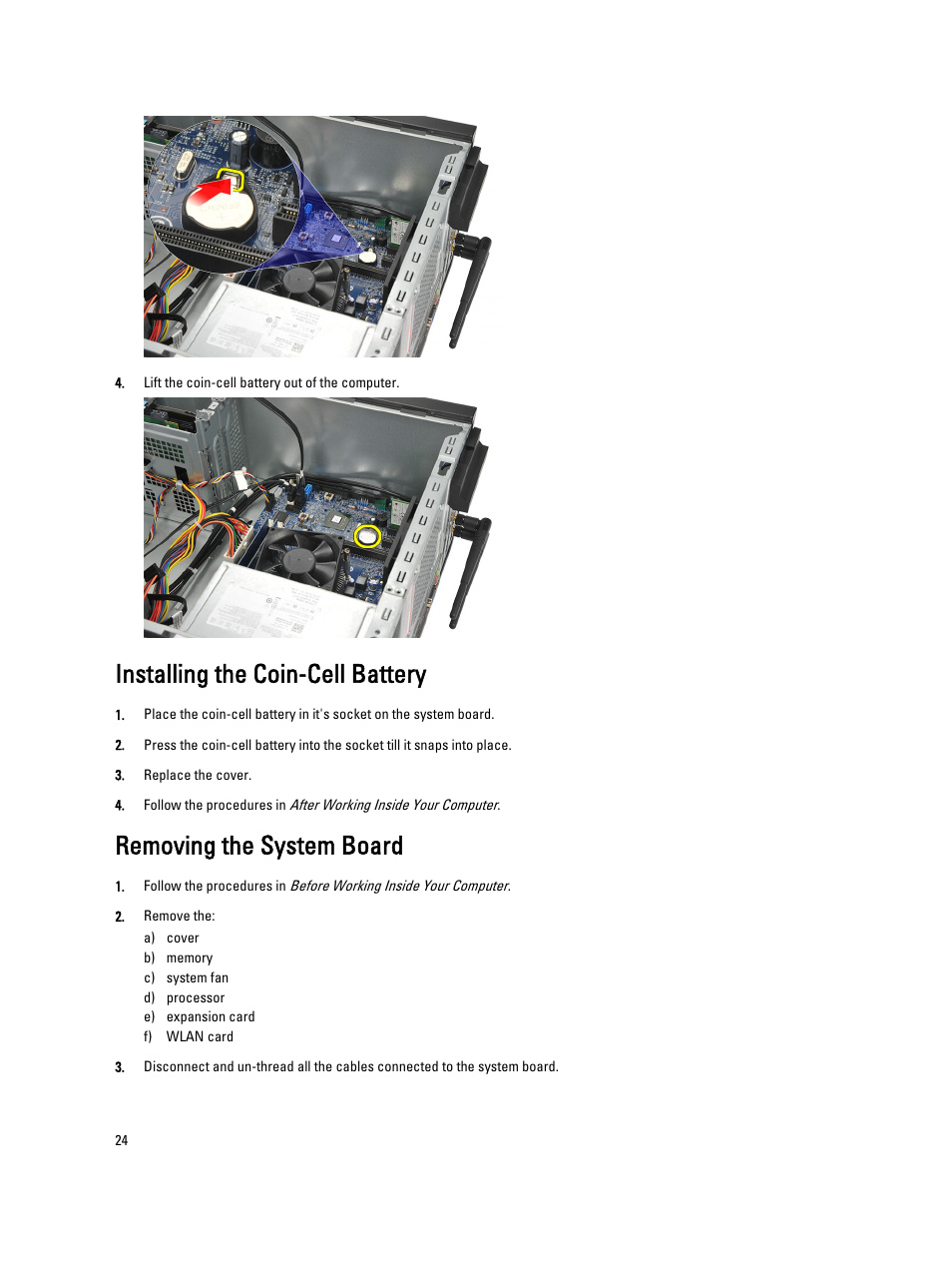 Installing the coin-cell battery, Removing the system board | Dell Vostro 270 (Late 2012) User Manual | Page 24 / 51