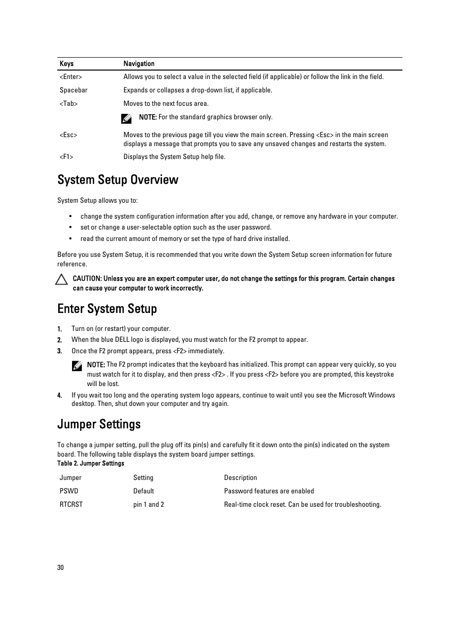 System setup overview, Enter system setup, Jumper settings | Dell Vostro 270 (Late 2012) User Manual | Page 30 / 51