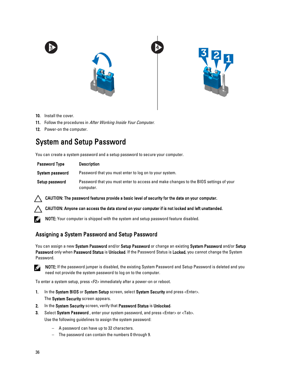 System and setup password, Assigning a system password and setup password | Dell Vostro 270 (Late 2012) User Manual | Page 36 / 51