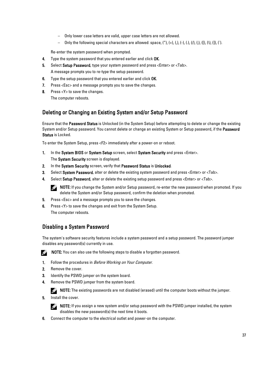 Disabling a system password | Dell Vostro 270 (Late 2012) User Manual | Page 37 / 51