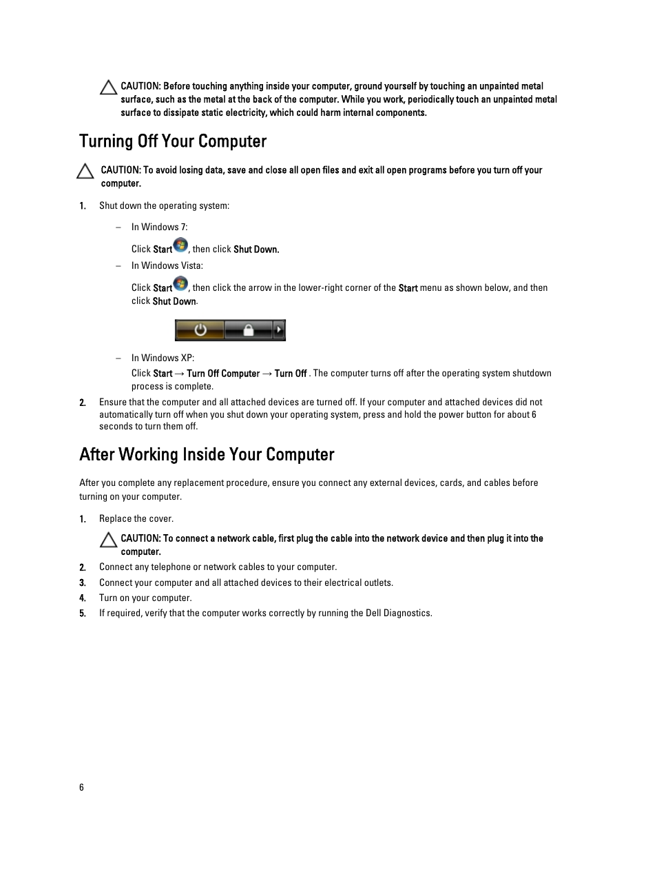 Turning off your computer, After working inside your computer | Dell Vostro 270 (Late 2012) User Manual | Page 6 / 51