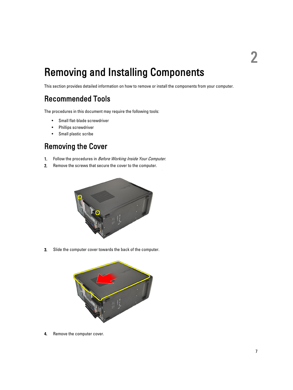 Removing and installing components, Recommended tools, Removing the cover | 2 removing and installing components | Dell Vostro 270 (Late 2012) User Manual | Page 7 / 51