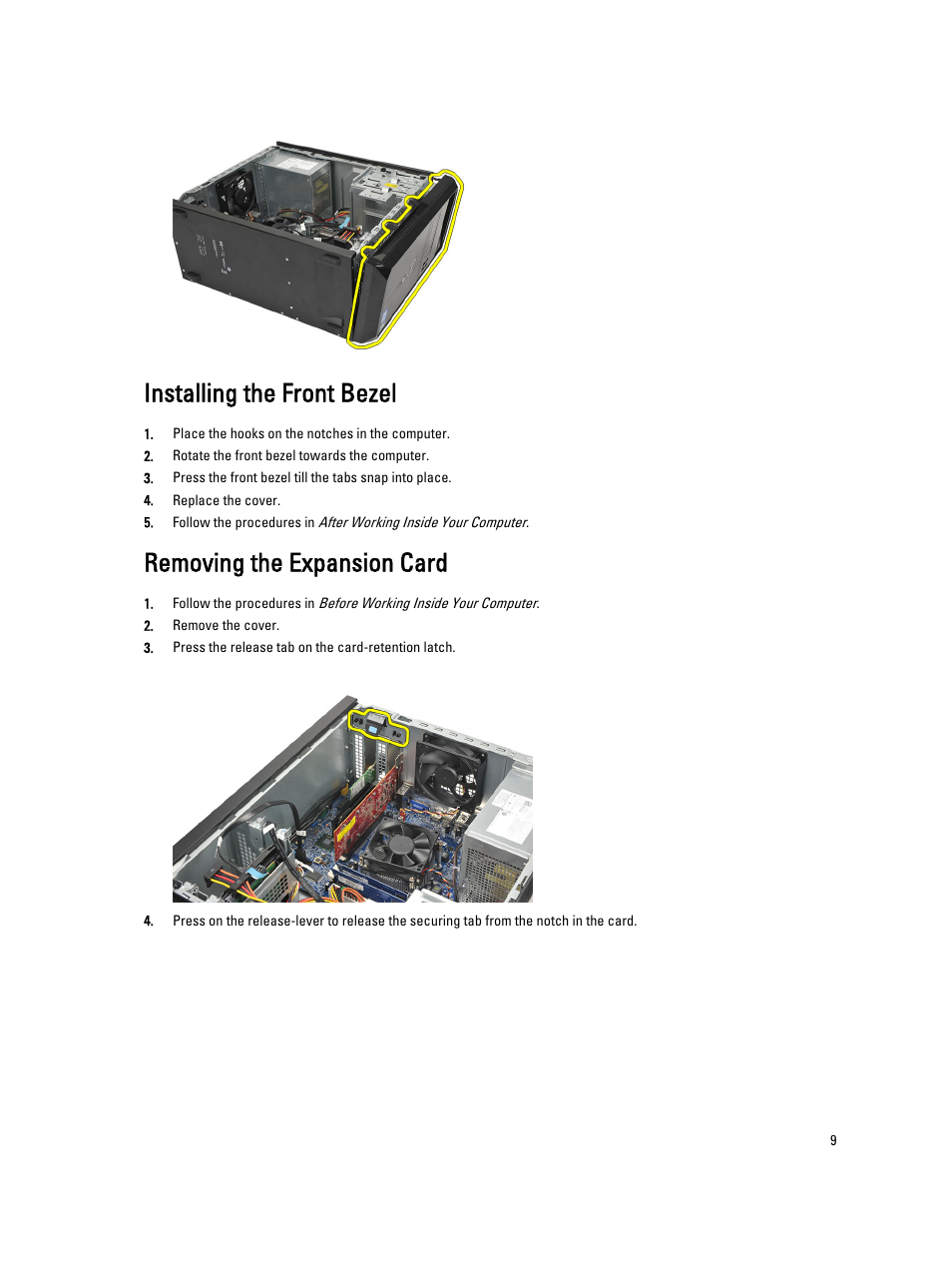 Installing the front bezel, Removing the expansion card | Dell Vostro 270 (Late 2012) User Manual | Page 9 / 51