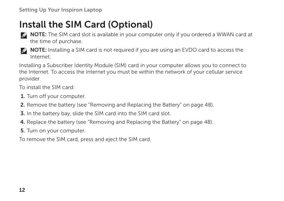 Install the sim card (optional) | Dell Inspiron 15R (N5110, Early 2011) User Manual | Page 14 / 102