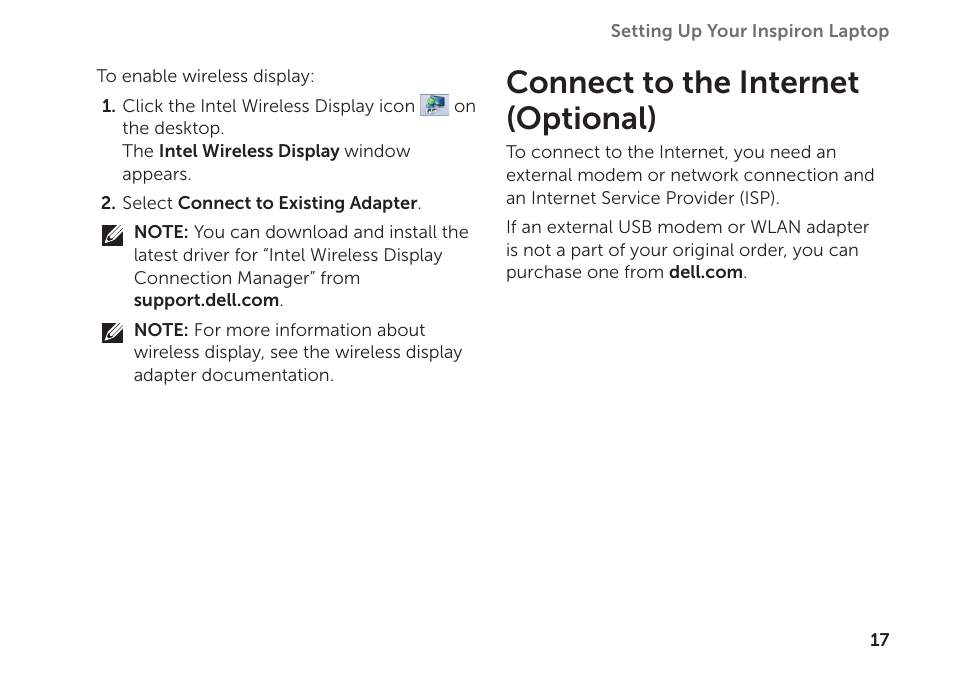 Connect to the internet (optional) | Dell Inspiron 15R (N5110, Early 2011) User Manual | Page 19 / 102
