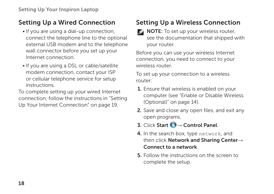 Setting up a wired connection, Setting up a wireless connection | Dell Inspiron 15R (N5110, Early 2011) User Manual | Page 20 / 102
