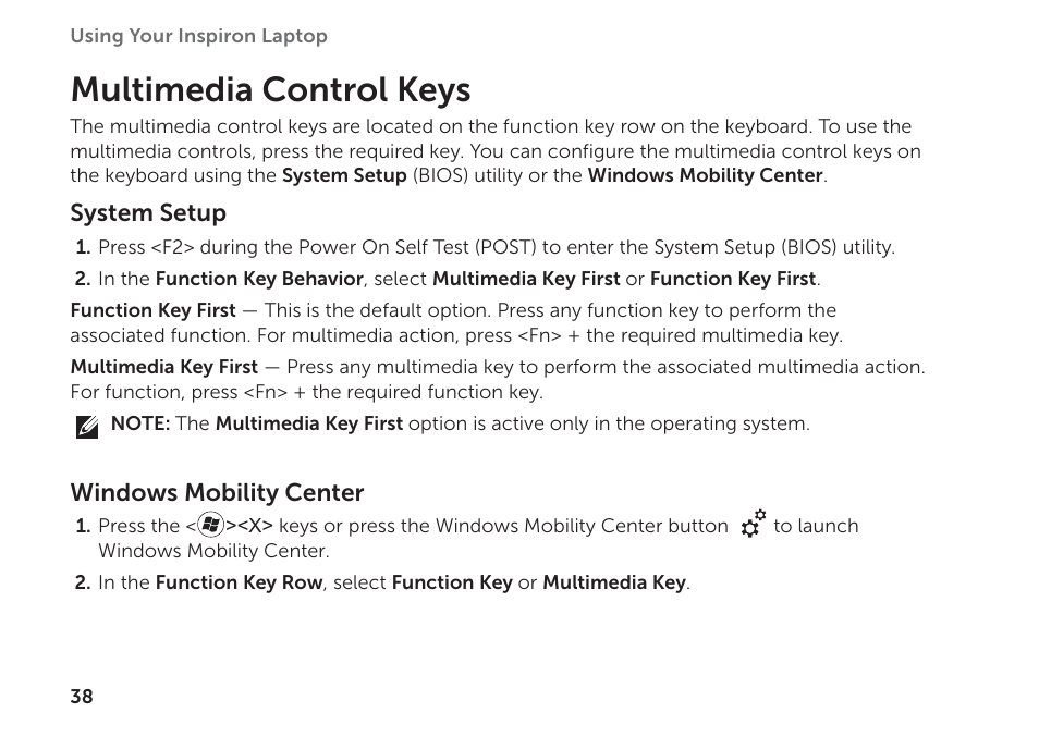 Multimedia control keys | Dell Inspiron 15R (N5110, Early 2011) User Manual | Page 40 / 102