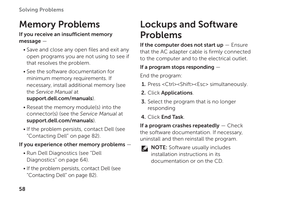 Memory problems, Lockups and software problems, Memory problems lockups and software problems | Dell Inspiron 15R (N5110, Early 2011) User Manual | Page 60 / 102