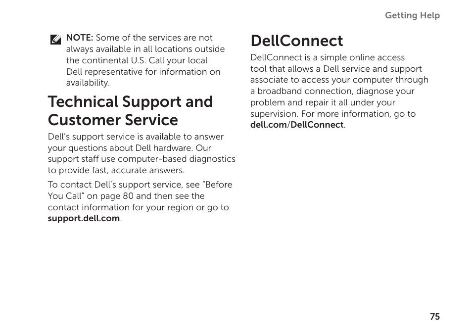 Technical support and customer service, Dellconnect, Technical support and customer service dellconnect | Dell Inspiron 15R (N5110, Early 2011) User Manual | Page 77 / 102
