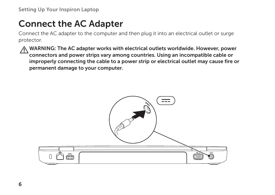 Connect the ac adapter | Dell Inspiron 15R (N5110, Early 2011) User Manual | Page 8 / 102