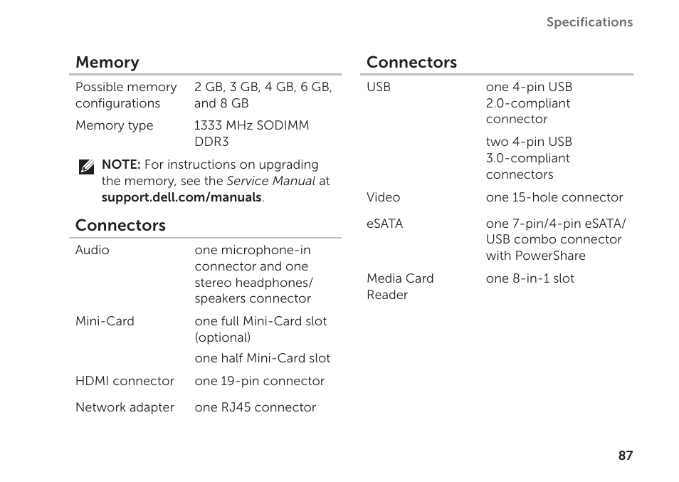 Connectors | Dell Inspiron 15R (N5110, Early 2011) User Manual | Page 89 / 102