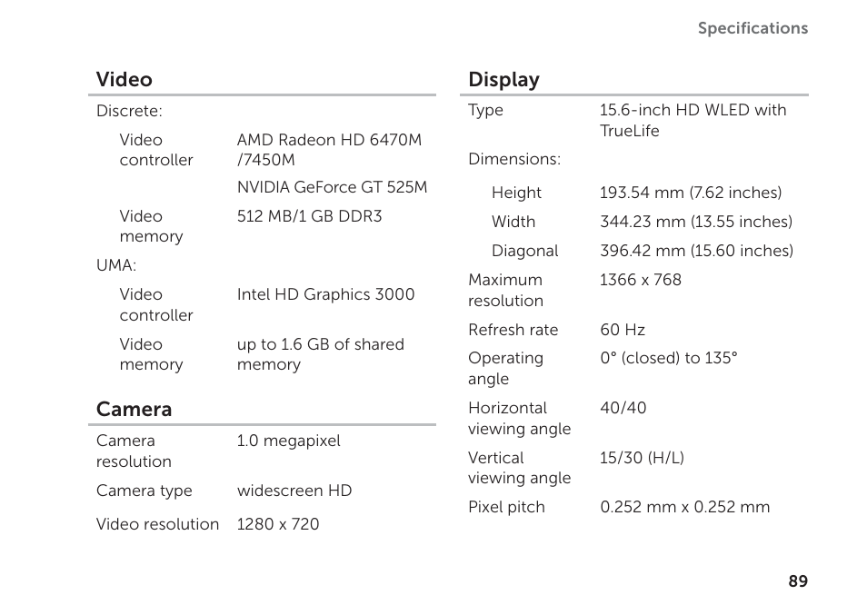 Video, Camera, Display | Dell Inspiron 15R (N5110, Early 2011) User Manual | Page 91 / 102