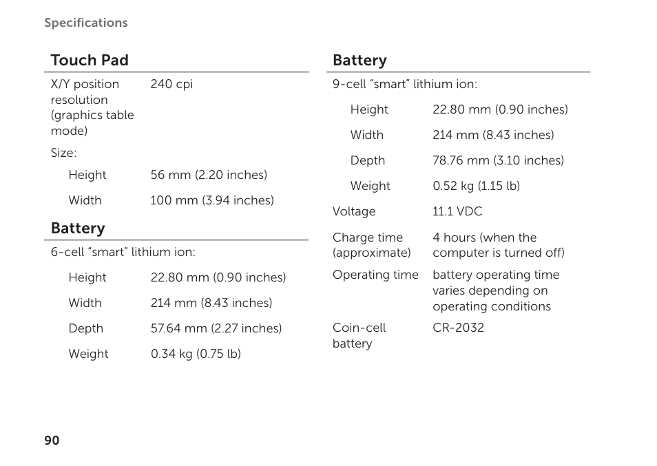 Touch pad, Battery | Dell Inspiron 15R (N5110, Early 2011) User Manual | Page 92 / 102