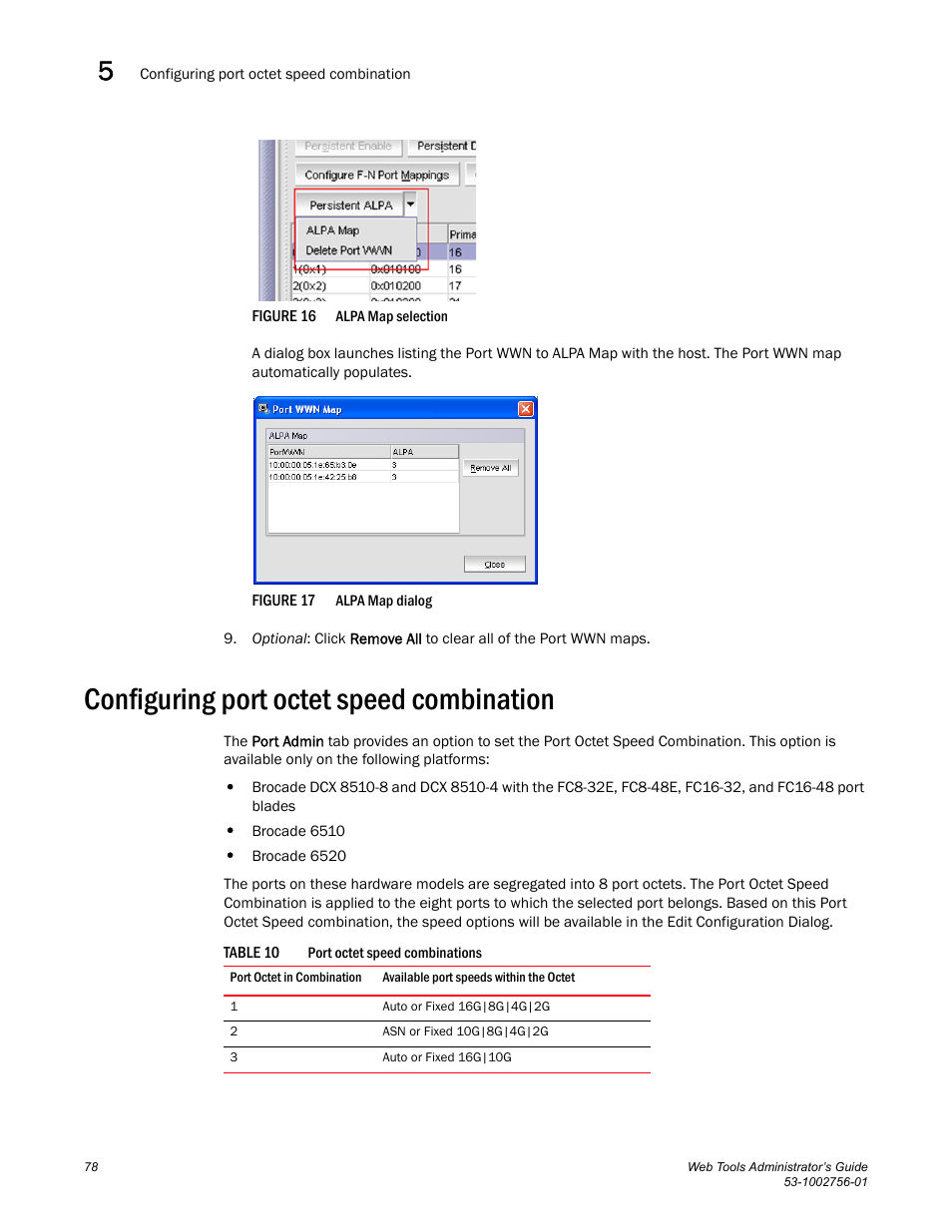 Configuring port octet speed combination, Figure 16, Alpa map | Figure 17, Table 10 | Dell POWEREDGE M1000E User Manual | Page 106 / 268