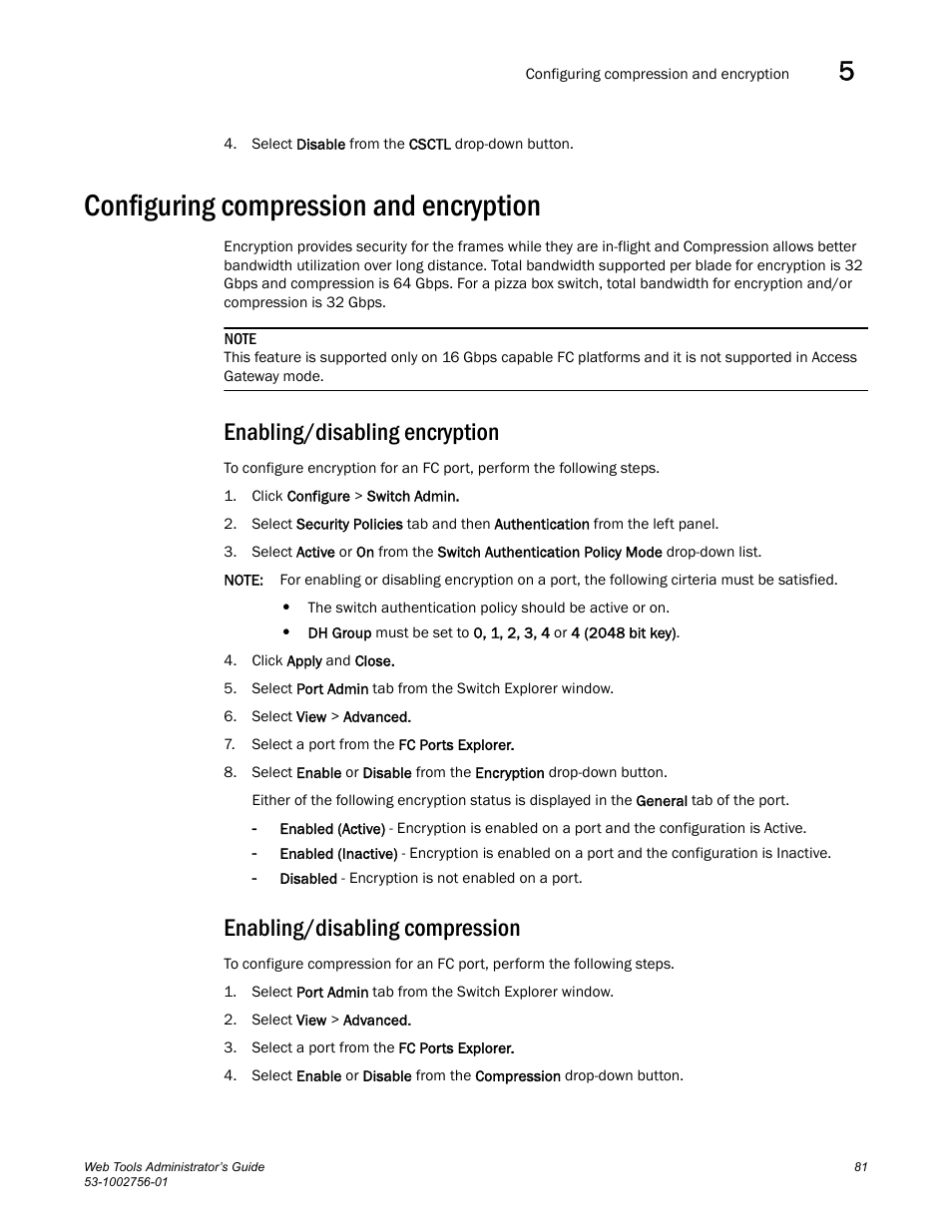 Configuring compression and encryption, Enabling/disabling encryption, Enabling/disabling compression | Dell POWEREDGE M1000E User Manual | Page 109 / 268