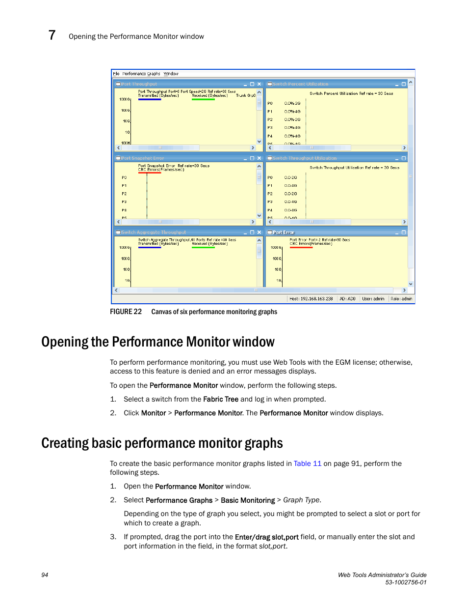 Opening the performance monitor window, Creating basic performance monitor graphs, Figure 22 | Canvas of six p | Dell POWEREDGE M1000E User Manual | Page 122 / 268