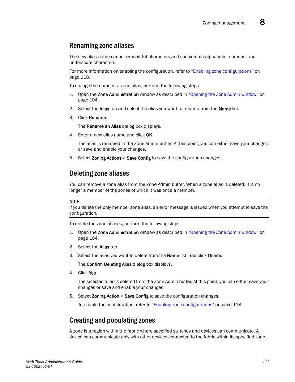 Renaming zone aliases, Deleting zone aliases, Creating and populating zones | Dell POWEREDGE M1000E User Manual | Page 139 / 268