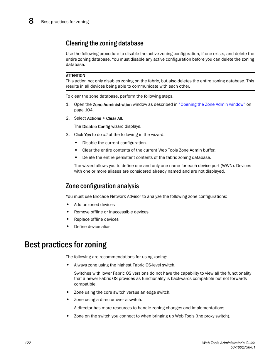 Clearing the zoning database, Zone configuration analysis, Best practices for zoning | Dell POWEREDGE M1000E User Manual | Page 150 / 268