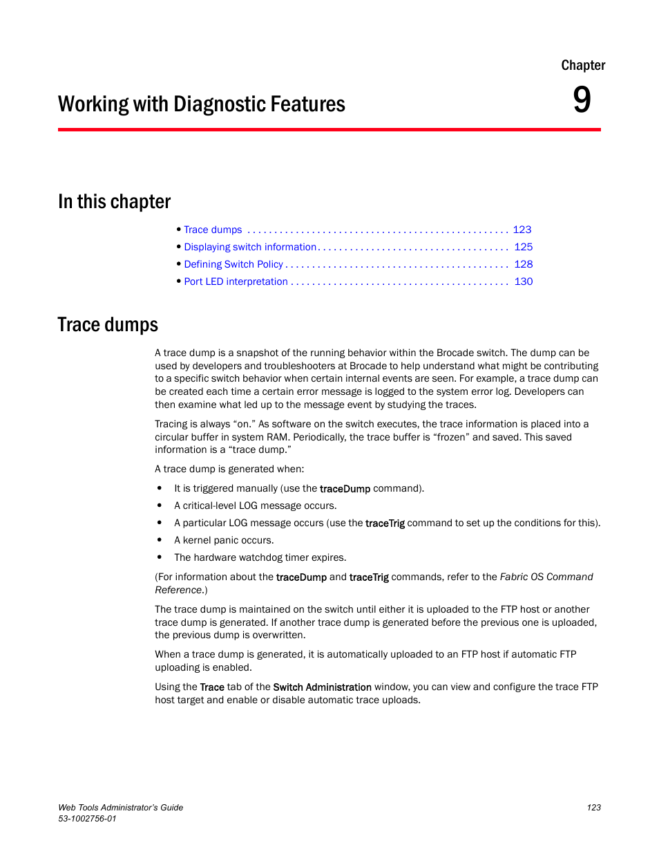 Working with diagnostic features, In this chapter, Trace dumps | Chapter 9, Chapter 9, “working with diagnostic features | Dell POWEREDGE M1000E User Manual | Page 151 / 268