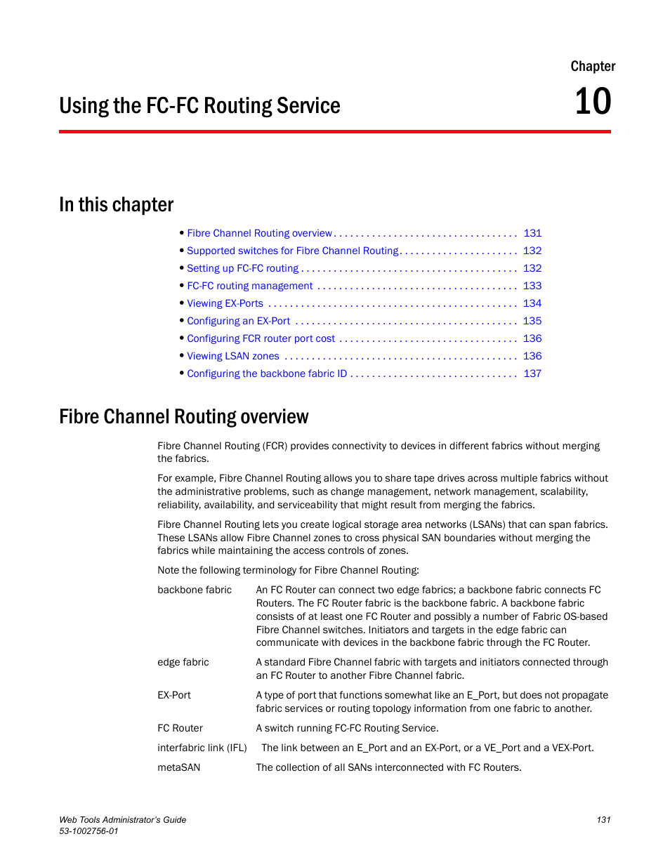 Using the fc-fc routing service, In this chapter, Fibre channel routing overview | Chapter 10, Chapter 10, “using the fc-fc routing service | Dell POWEREDGE M1000E User Manual | Page 159 / 268