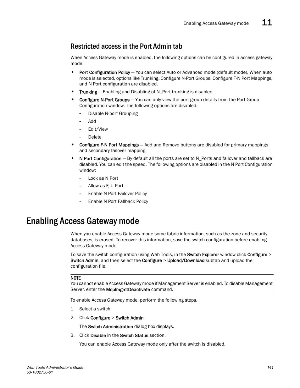 Restricted access in the port admin tab, Enabling access gateway mode | Dell POWEREDGE M1000E User Manual | Page 169 / 268