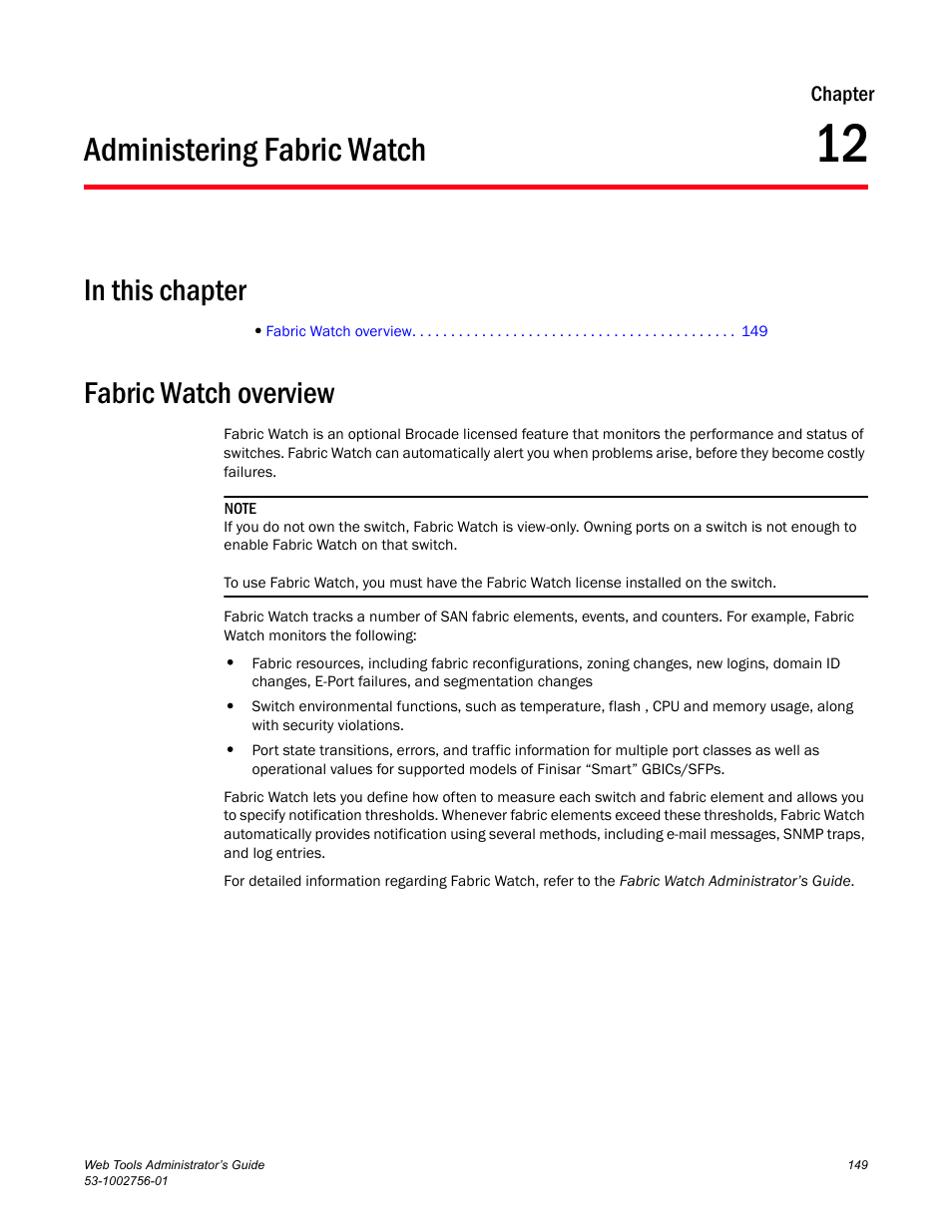 Administering fabric watch, In this chapter, Fabric watch overview | Chapter 12, Chapter 12, “administering fabric watch | Dell POWEREDGE M1000E User Manual | Page 177 / 268