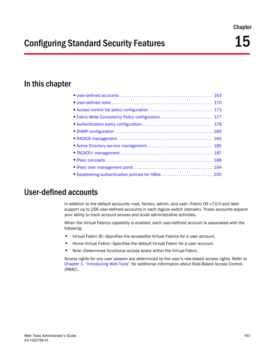 Configuring standard security features, In this chapter, User-defined accounts | Chapter 15 | Dell POWEREDGE M1000E User Manual | Page 191 / 268