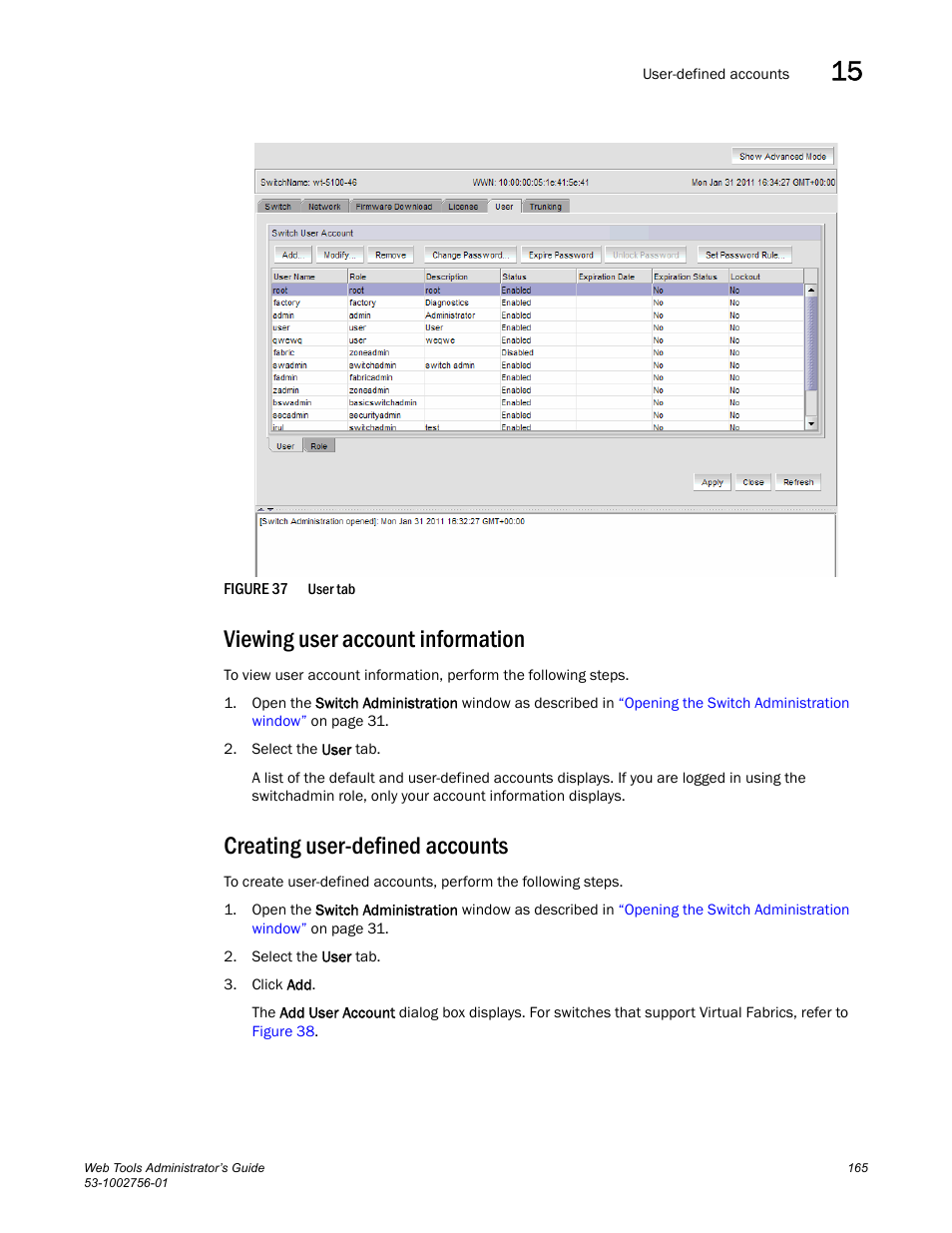 Viewing user account information, Creating user-defined accounts, Figure 37 | User | Dell POWEREDGE M1000E User Manual | Page 193 / 268