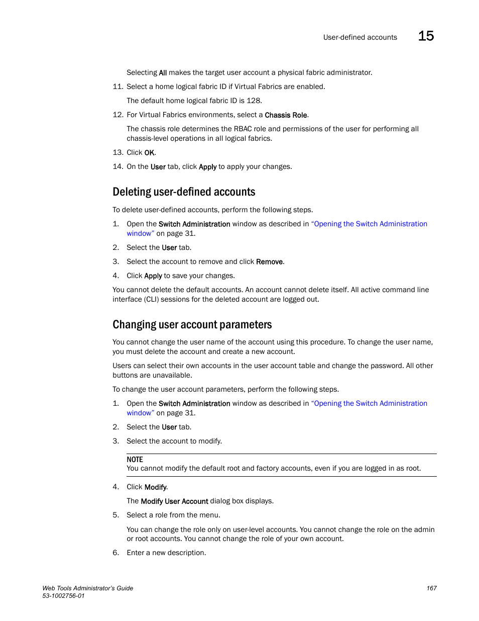 Deleting user-defined accounts, Changing user account parameters | Dell POWEREDGE M1000E User Manual | Page 195 / 268