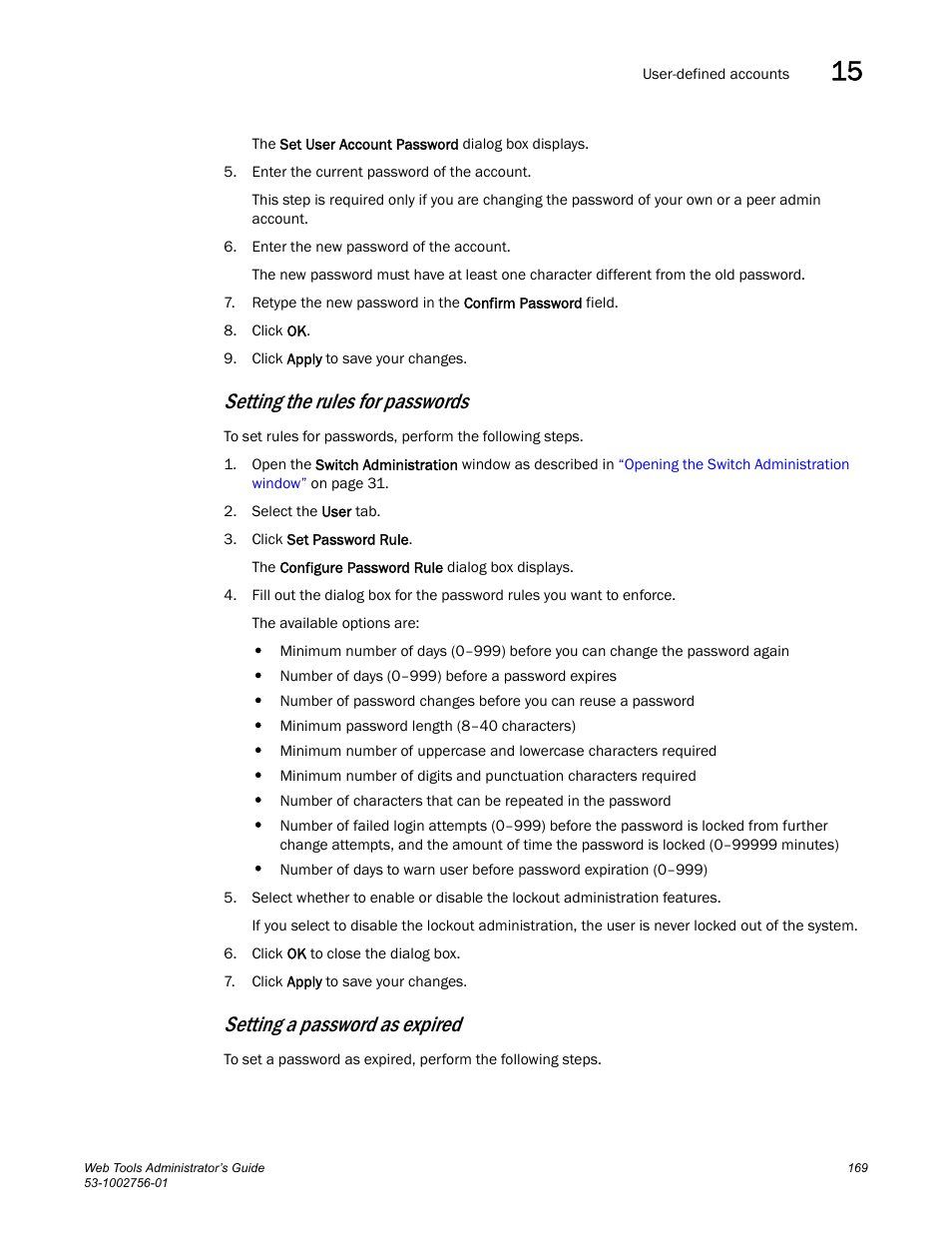 Edure, Setting the rules for passwords, Setting the | Rules for passwords, Setting a password as expired | Dell POWEREDGE M1000E User Manual | Page 197 / 268