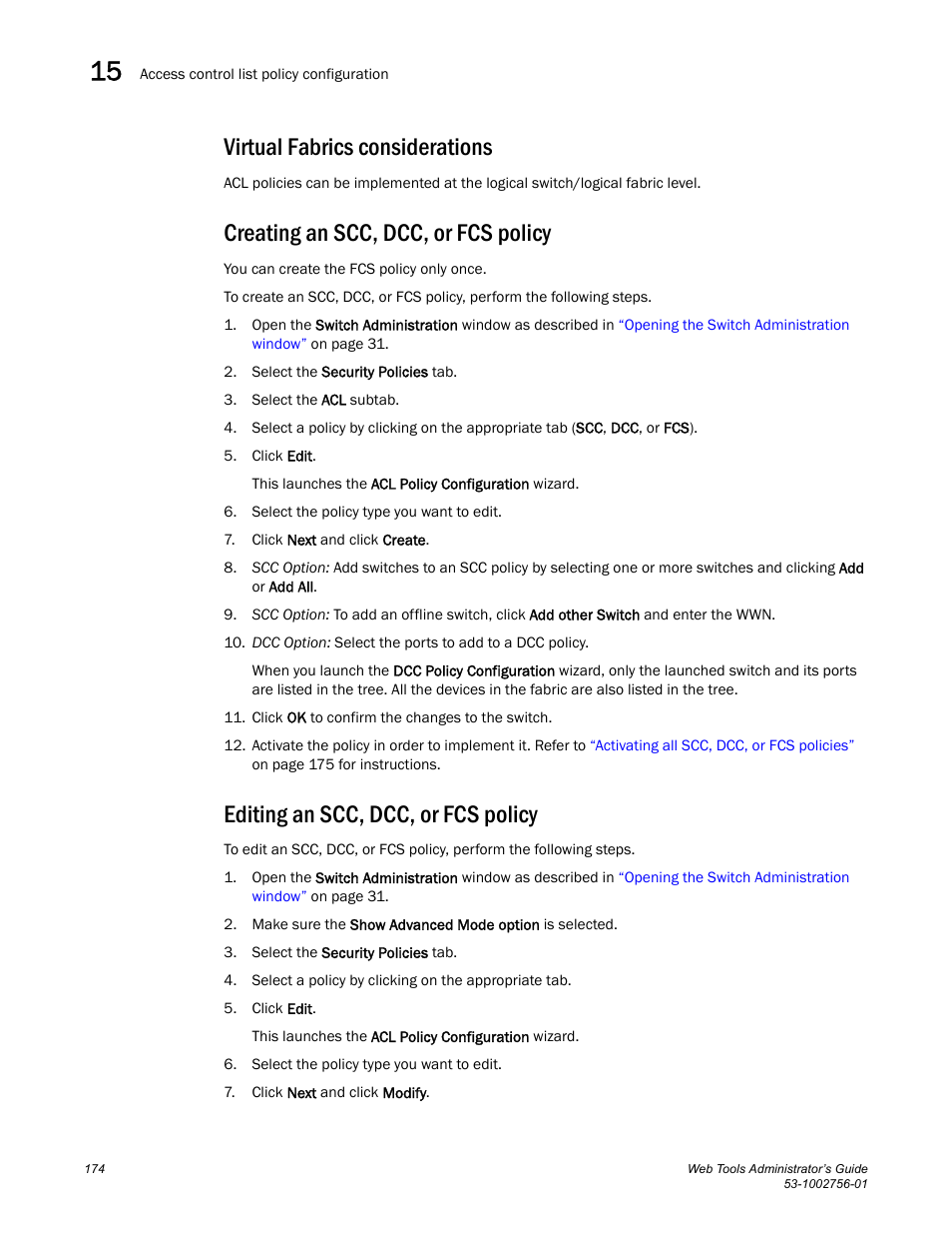 Virtual fabrics considerations, Creating an scc, dcc, or fcs policy, Editing an scc, dcc, or fcs policy | Dell POWEREDGE M1000E User Manual | Page 202 / 268