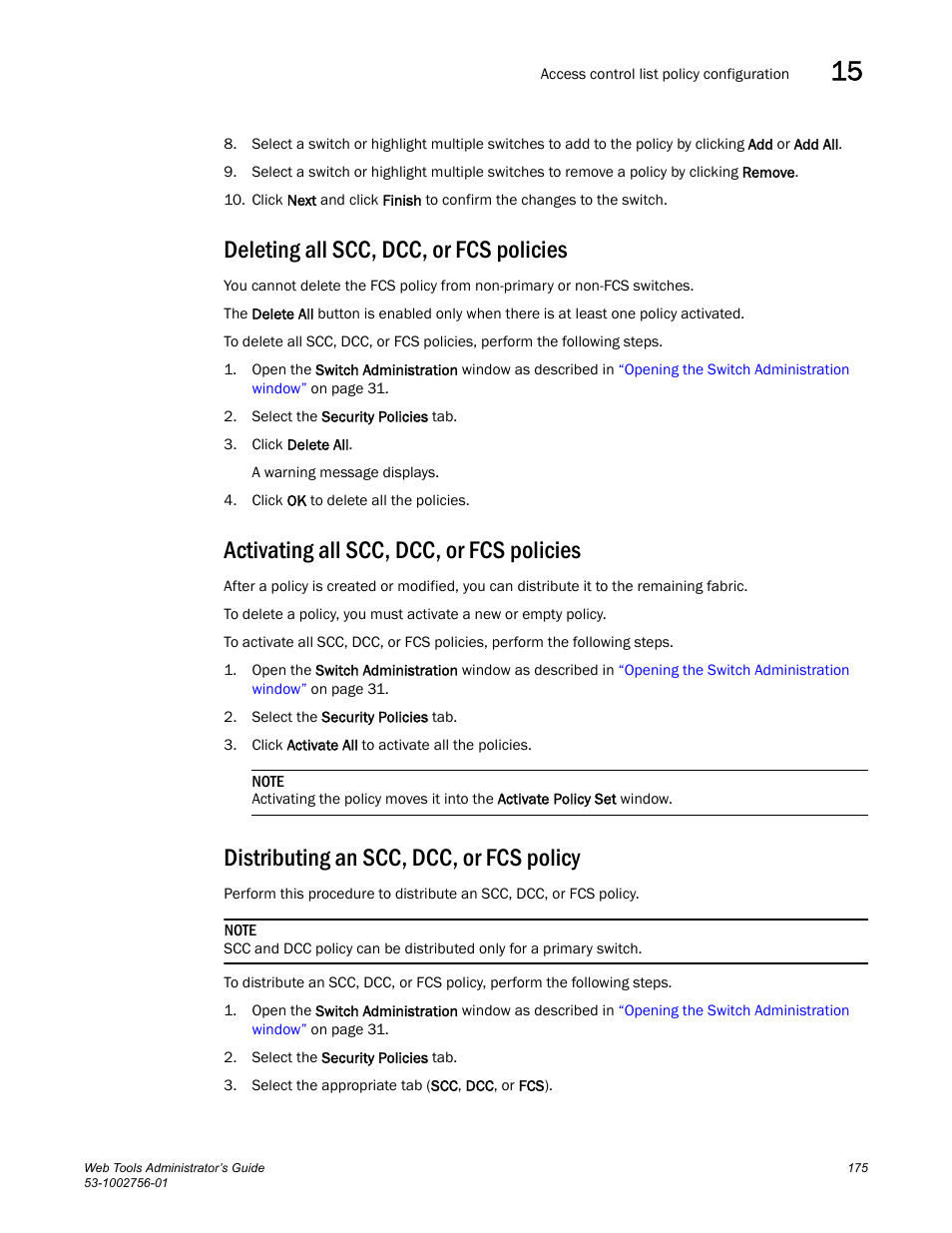 Deleting all scc, dcc, or fcs policies, Activating all scc, dcc, or fcs policies, Distributing an scc, dcc, or fcs policy | Dell POWEREDGE M1000E User Manual | Page 203 / 268