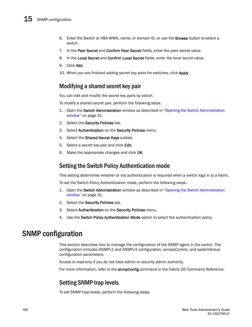 Modifying a shared secret key pair, Setting the switch policy authentication mode, Snmp configuration | Setting snmp trap levels | Dell POWEREDGE M1000E User Manual | Page 208 / 268