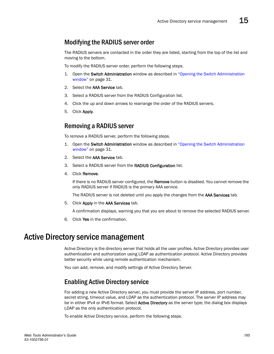 Modifying the radius server order, Removing a radius server, Active directory service management | Enabling active directory service | Dell POWEREDGE M1000E User Manual | Page 213 / 268