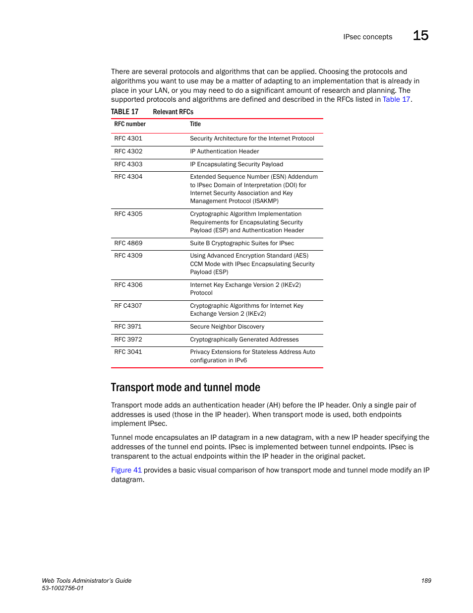 Transport mode and tunnel mode, Table 17 | Dell POWEREDGE M1000E User Manual | Page 217 / 268