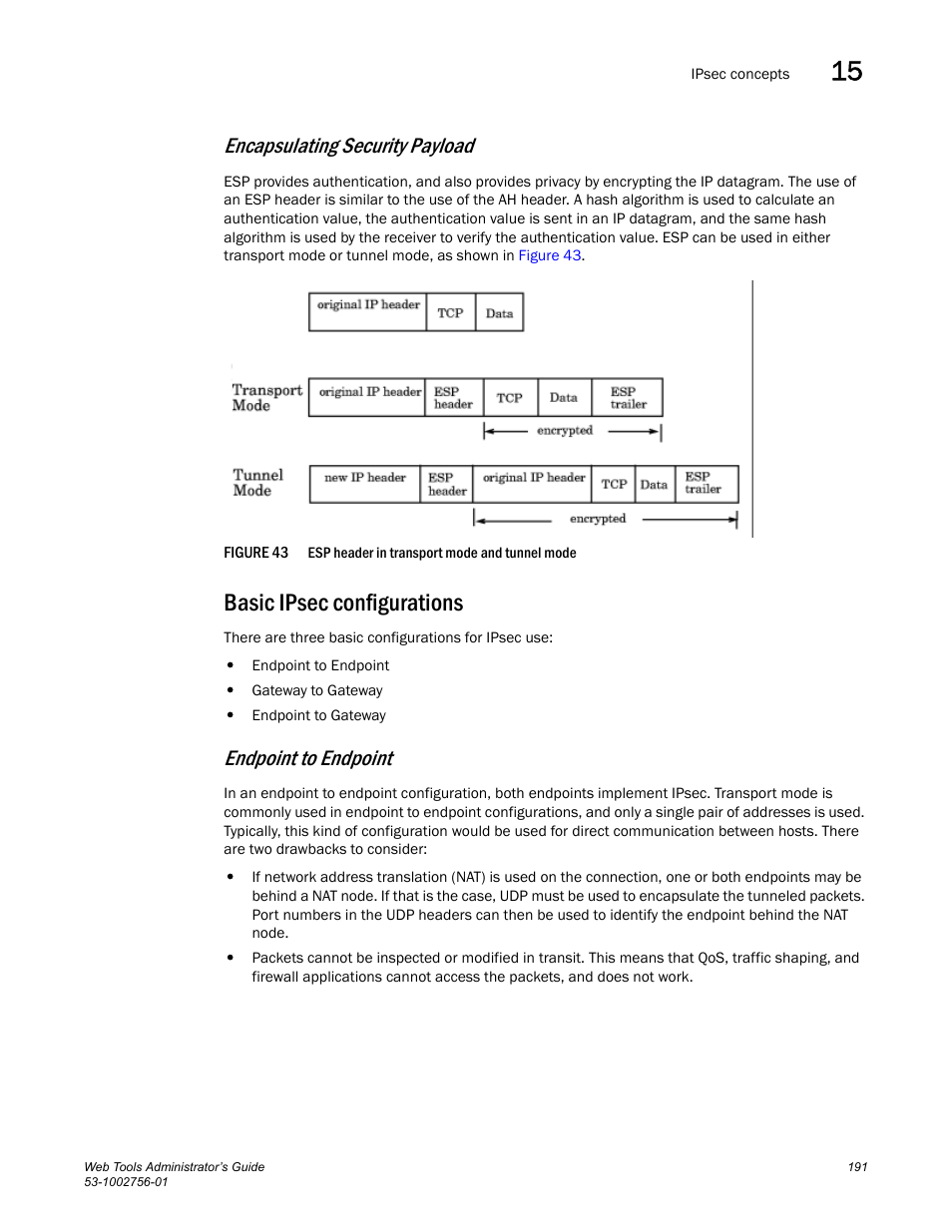 Basic ipsec configurations, Figure 43, Esp h | Encapsulating security payload, Endpoint to endpoint | Dell POWEREDGE M1000E User Manual | Page 219 / 268