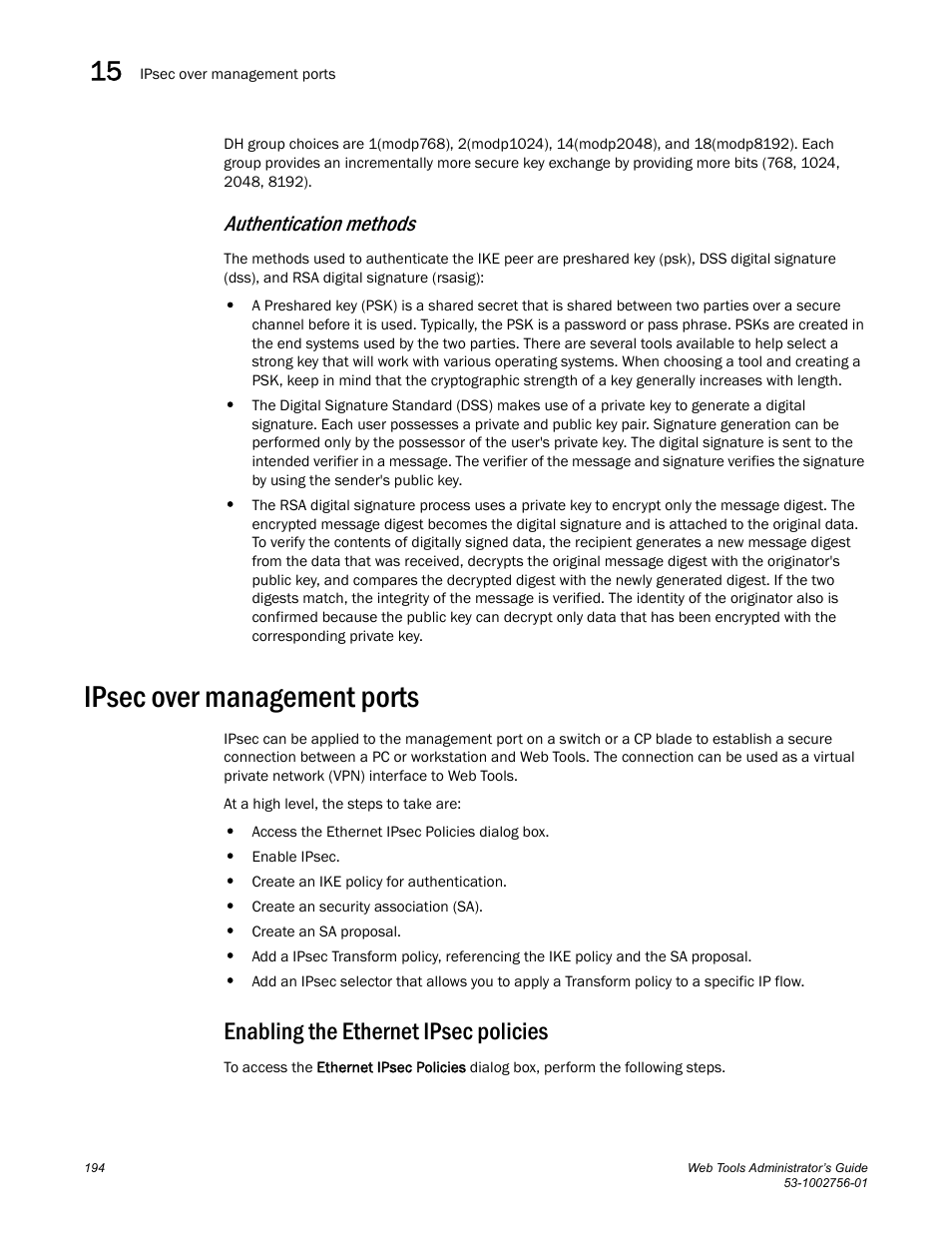 Ipsec over management ports, Enabling the ethernet ipsec policies, Authentication methods | Dell POWEREDGE M1000E User Manual | Page 222 / 268