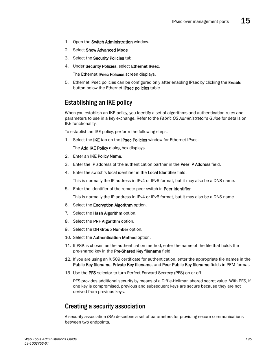 Establishing an ike policy, Creating a security association | Dell POWEREDGE M1000E User Manual | Page 223 / 268