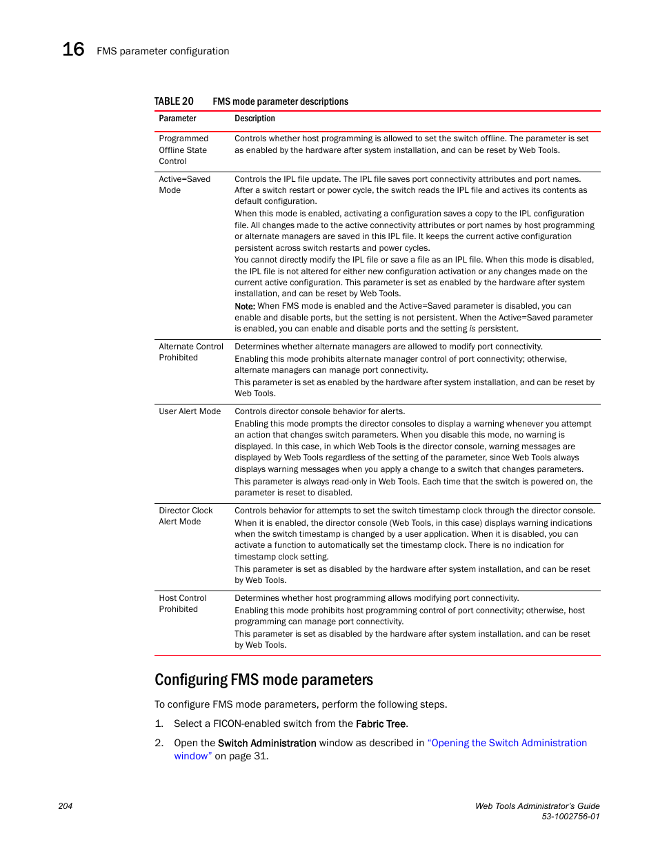 Configuring fms mode parameters, Table 20 | Dell POWEREDGE M1000E User Manual | Page 232 / 268